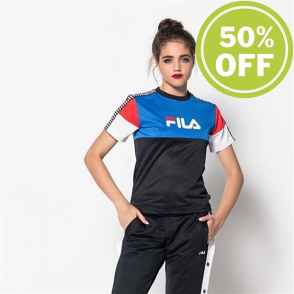 Fila Ariel Tee Wmn Shirt With Tape Design On The Sleeves Women's Tee - Black/Blue,NZ 37-60915